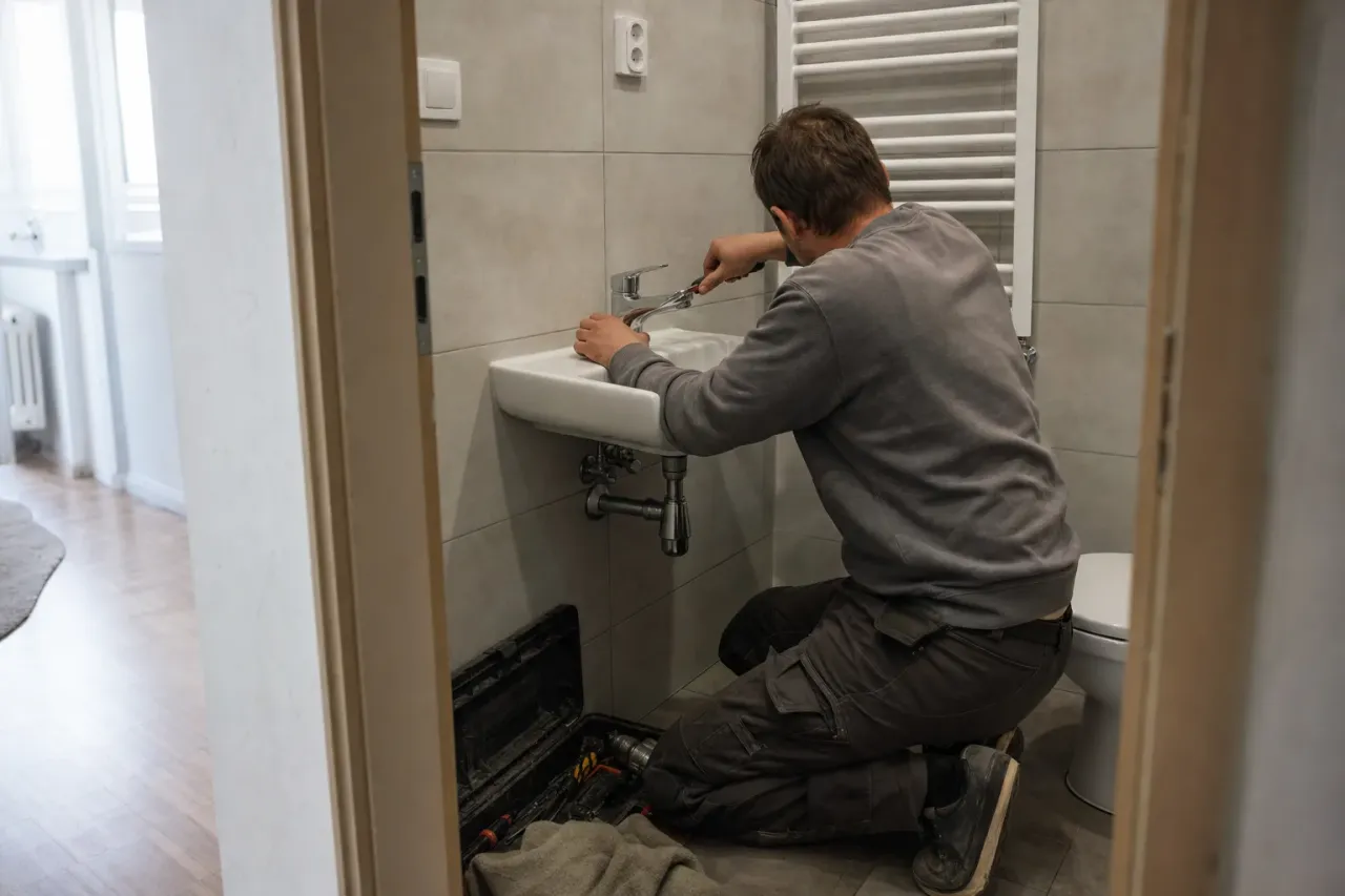 Instalatér montuje novou baterii v koupelně bytu