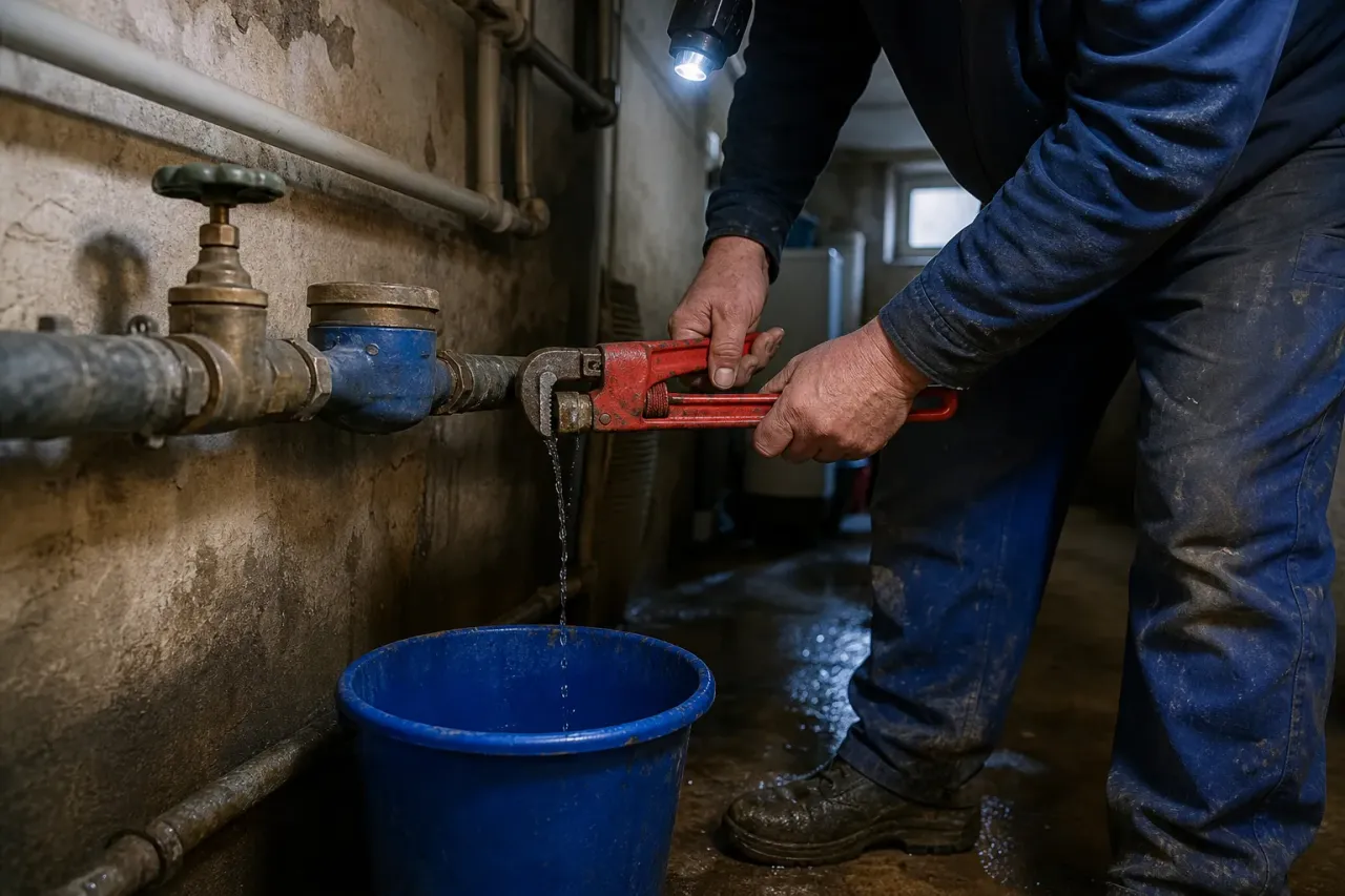 Instalatér opravuje prasklé potrubí ve sklepě rodinného domu