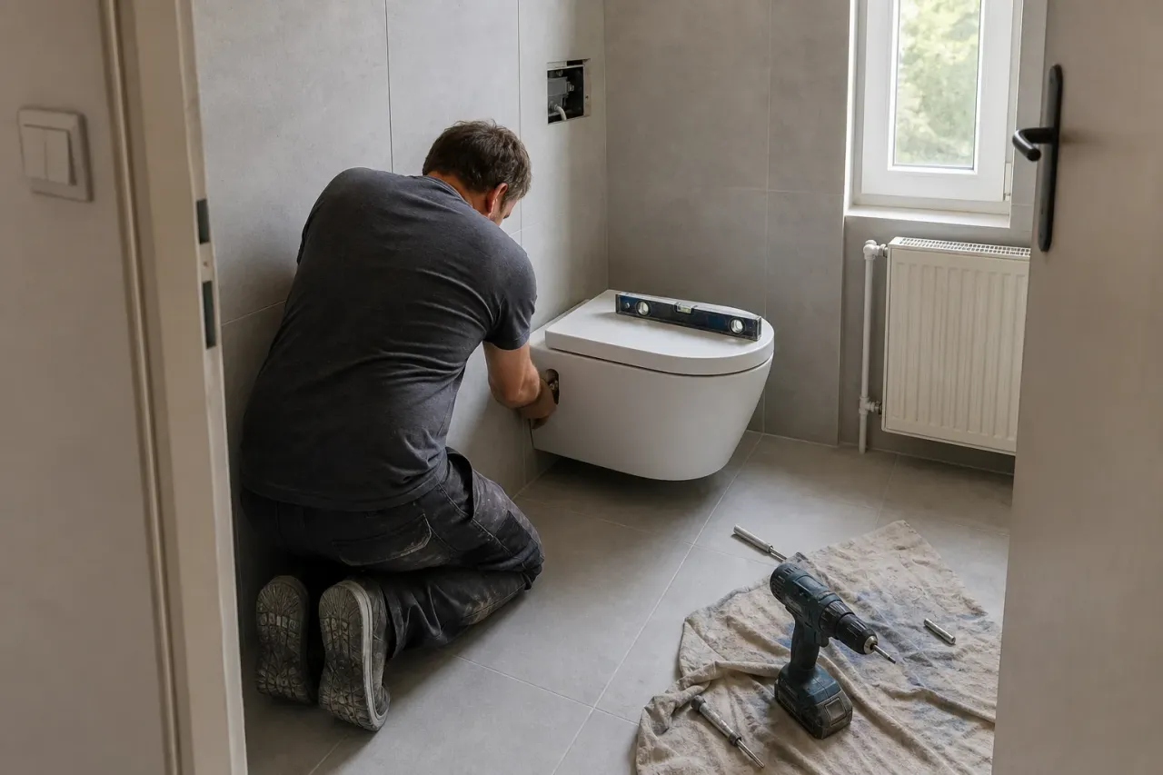 Montáž závěsného WC v malé obložené koupelně